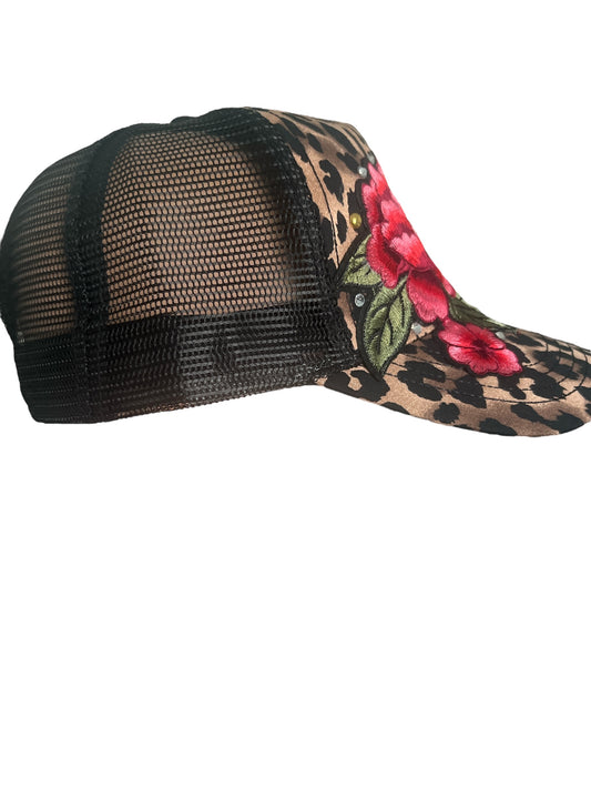 Leopard Print Trucker Hat – Red Floral Embroidery with Rhinestones & Gold Studs