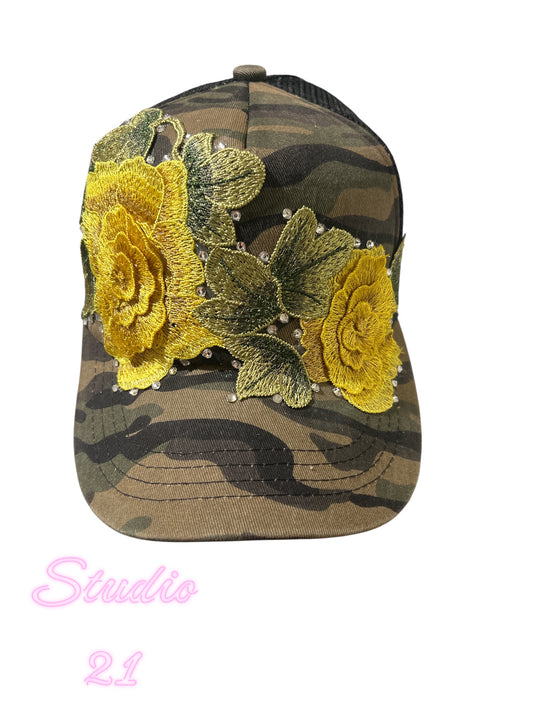 Camouflage Trucker Hat with Bold Yellow Floral Embroidery, Rhinestones, Black Mesh Snapback