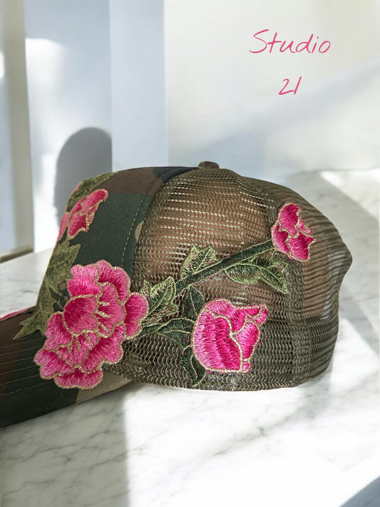 Camouflage Trucker Hat with Large Pink Embroidery ~ Trendy Embroidered Floral Patch