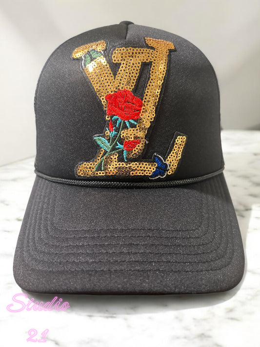 Glam Black Trucker Hat – designer inspired XVL Gold Sequins with Rose, Butterfly Embroidery