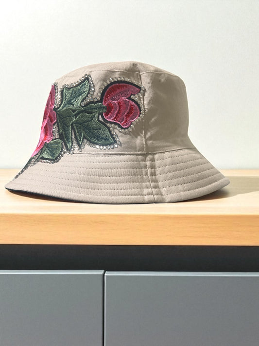Embroidered Floral Bucket Hat – Taupe with Pink Floral embroidered embellishment & Rhinestone Outline