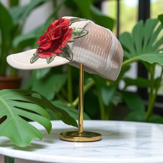 Trendy White Mesh Trucker Hat with Bold shades of Red Floral Embroidery – Snapback Style
