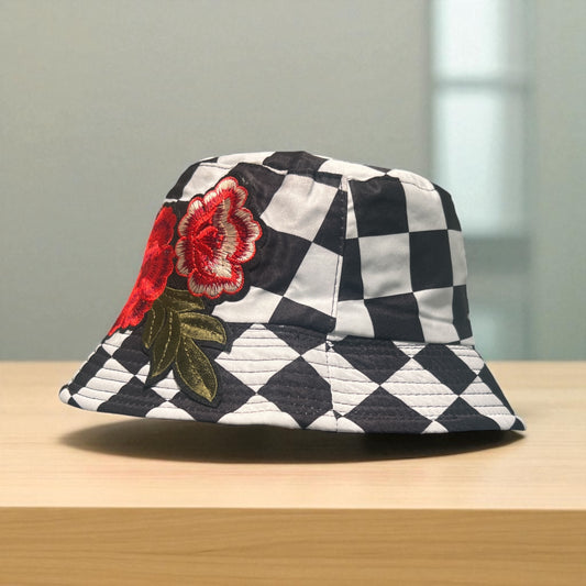 Checkered Bloom Bucket Hat – Black & White Checker Print with Red Floral Embroidery
