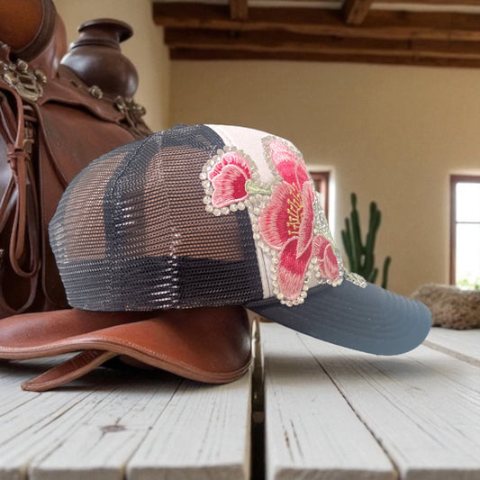 Bold Bloom Trucker Hat – Black & White Snapback with Rhinestone Floral Embroidery