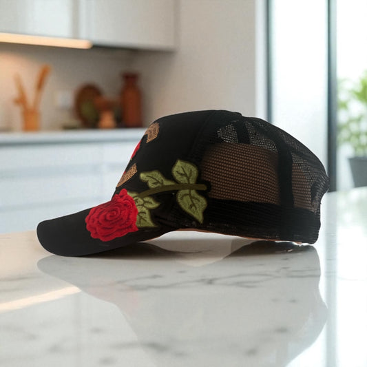 Luxury Bloom Trucker Hat – Black Snapback with Gold Sequin CC designer inspired Red Rose Embroidery & Hummingbird
