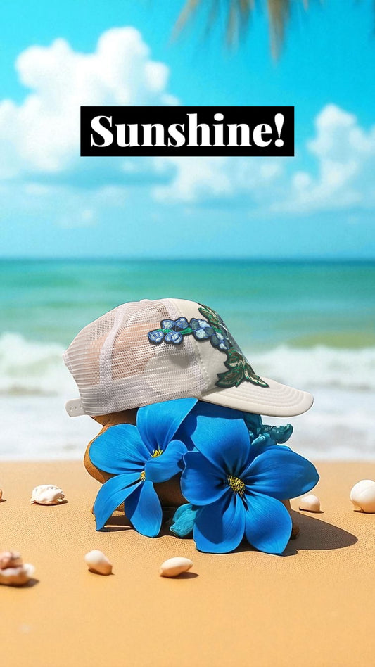 All-White Trucker Hat with Baby Blue Floral Embroidery – Mesh Snapback