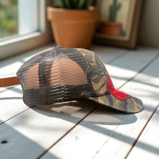 Camo Trucker Hat with Bold Red Floral Embroidery and Black Mesh Snapback
