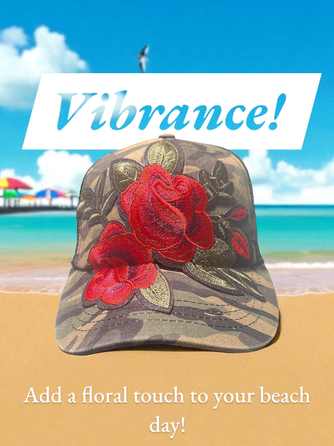 Camo Trucker Hat with Bold Red Floral Embroidery and Black Mesh Snapback