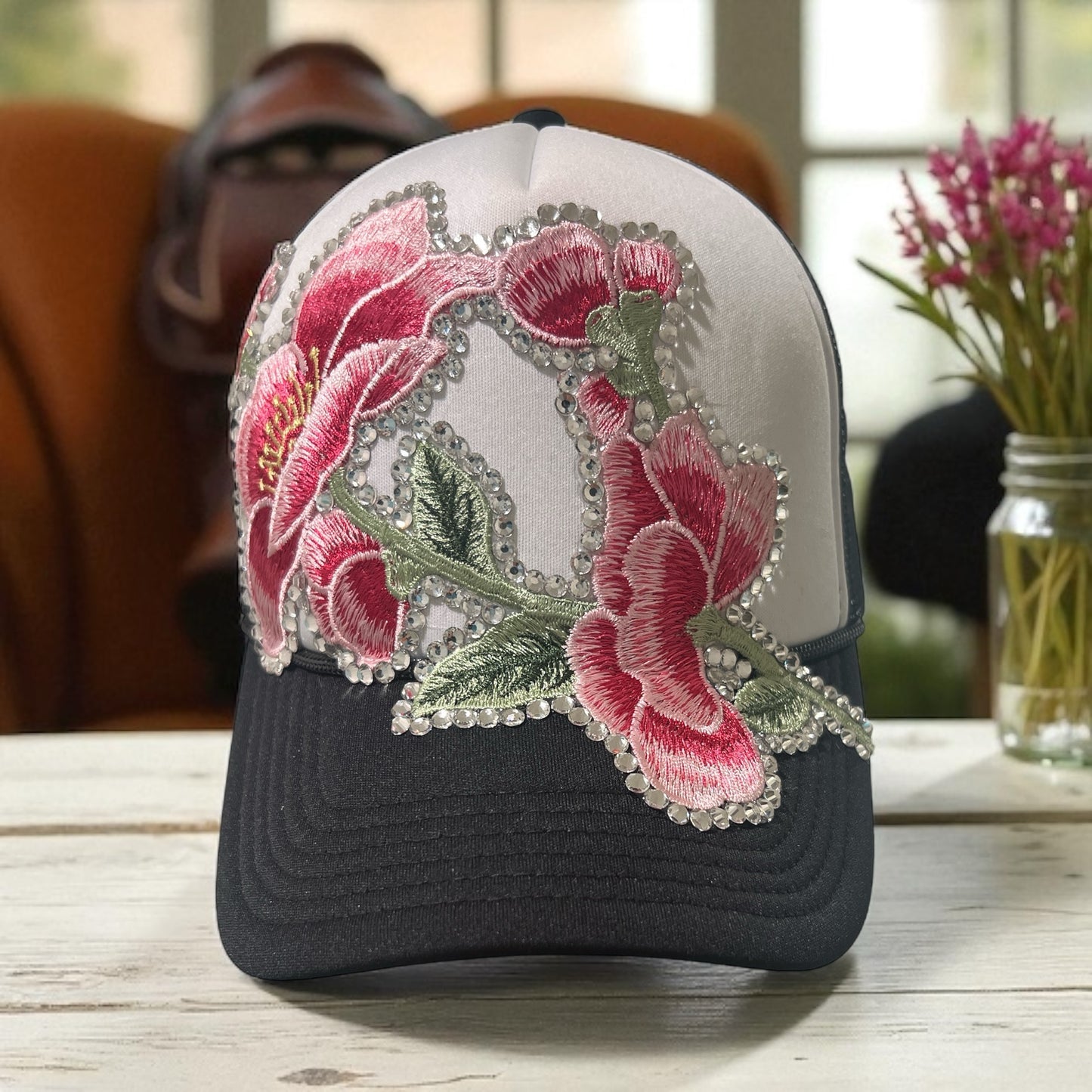 Bold Bloom Trucker Hat – Black & White Snapback with Rhinestone Floral Embroidery