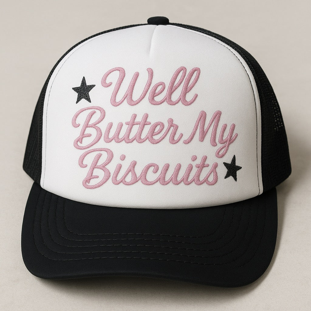 Well Butter My Biscuits” Black  and  White Trucker Hat – Dusty Rose Embroidery