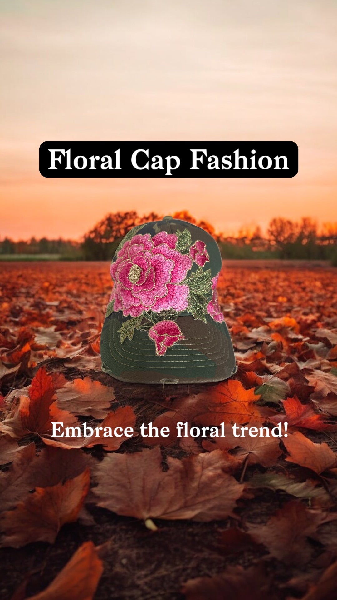 Camouflage Trucker Hat with Large Pink Embroidery ~ Trendy Embroidered Floral Patch