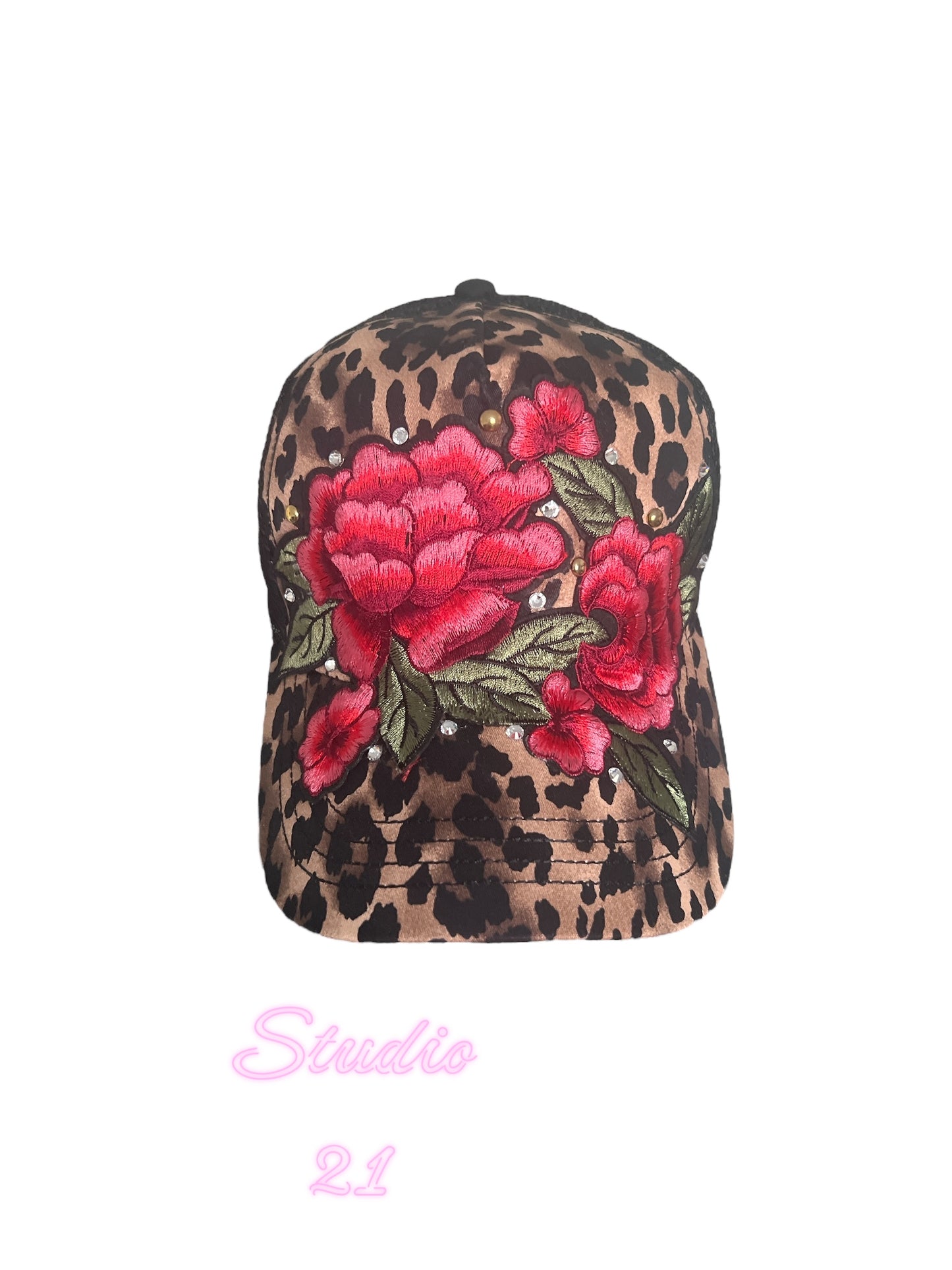 Leopard Print Trucker Hat – Red Floral Embroidery with Rhinestones & Gold Studs