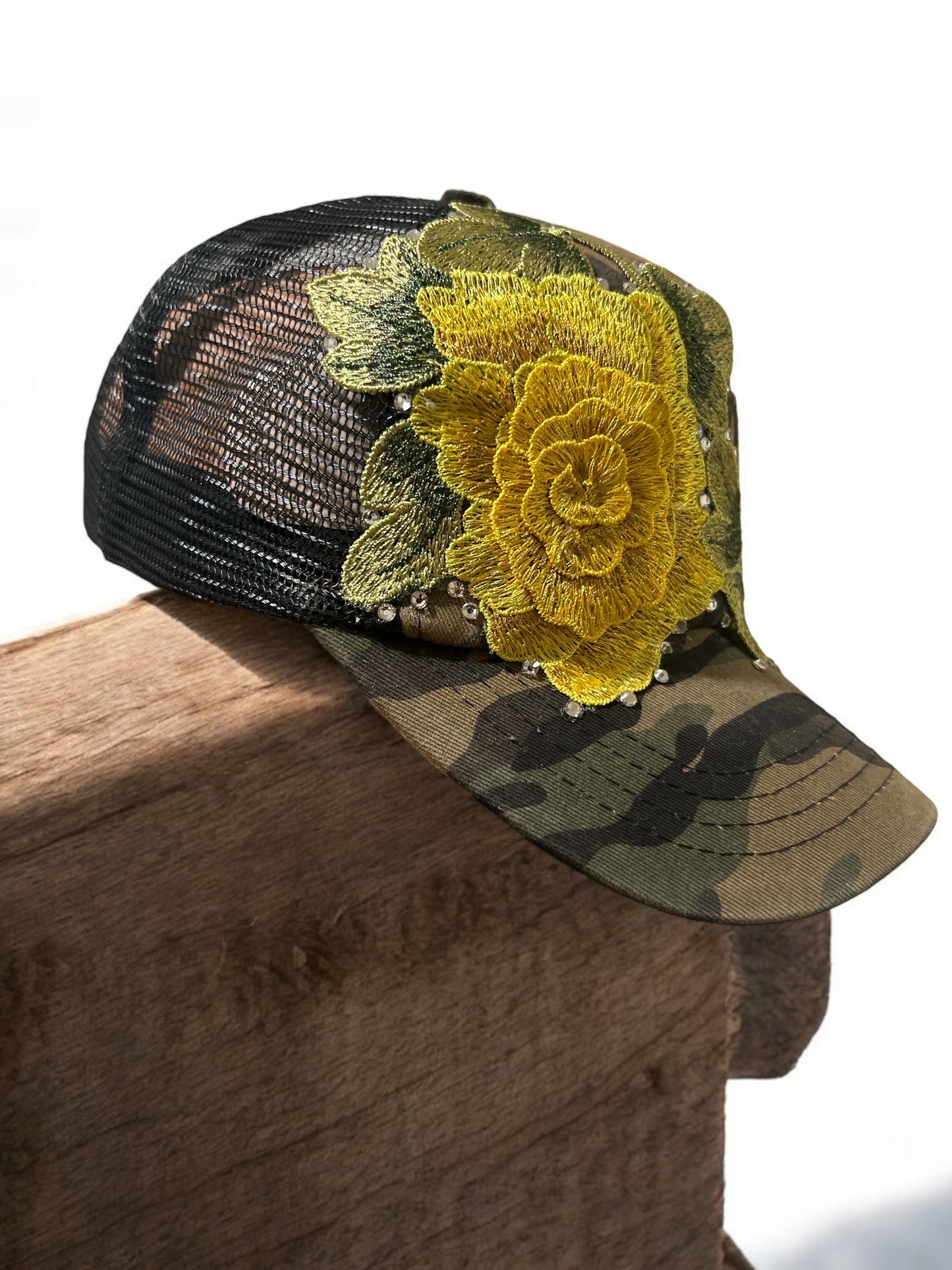 Camouflage Trucker Hat with Bold Yellow Floral Embroidery, Rhinestones, Black Mesh Snapback