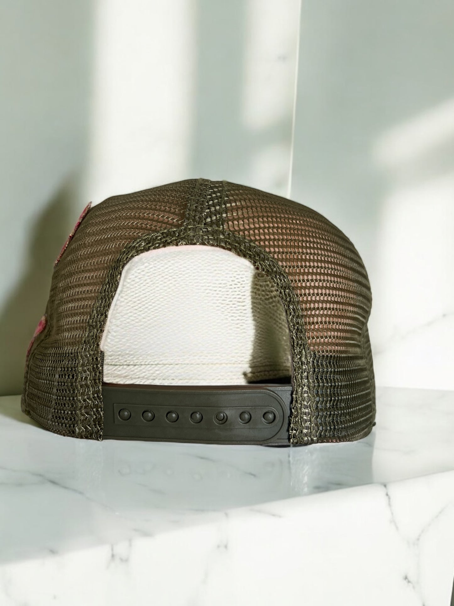 Camouflage Trucker Hat with Large Pink Embroidery ~ Trendy Embroidered Floral Patch