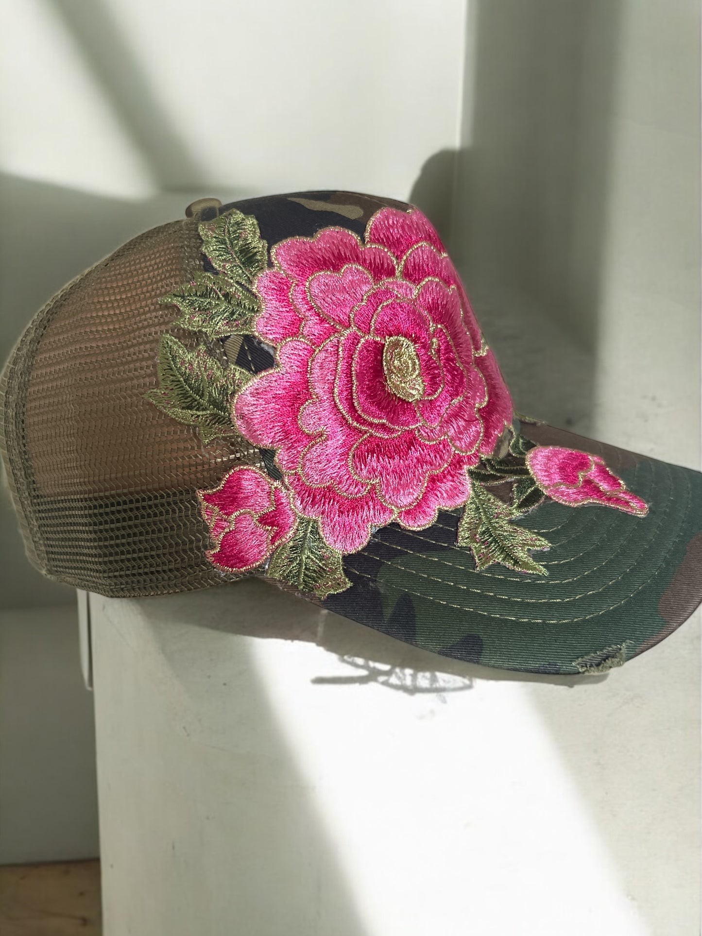 Camouflage Trucker Hat with Large Pink Embroidery ~ Trendy Embroidered Floral Patch