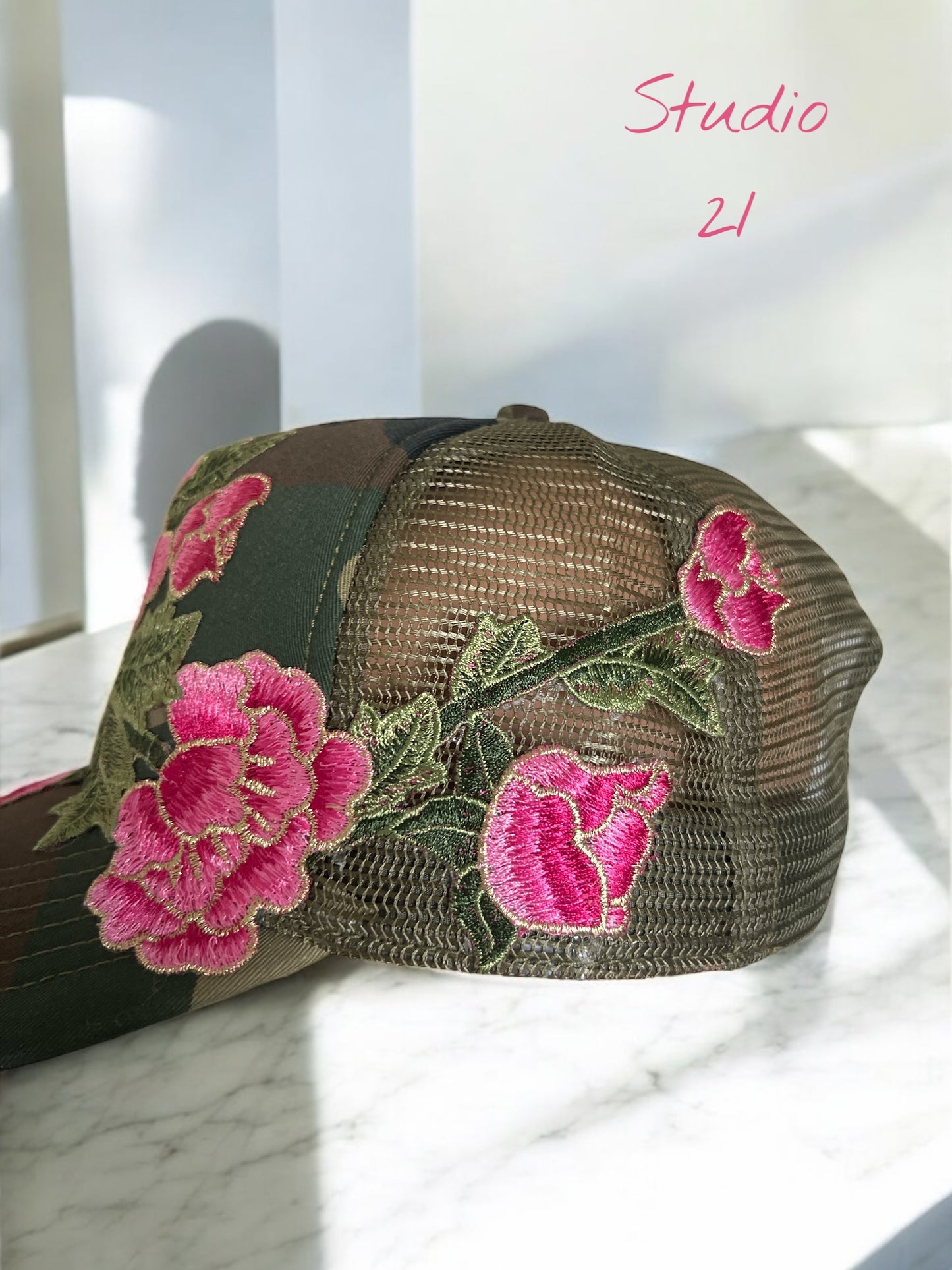 Camouflage Trucker Hat with Large Pink Embroidery ~ Trendy Embroidered Floral Patch