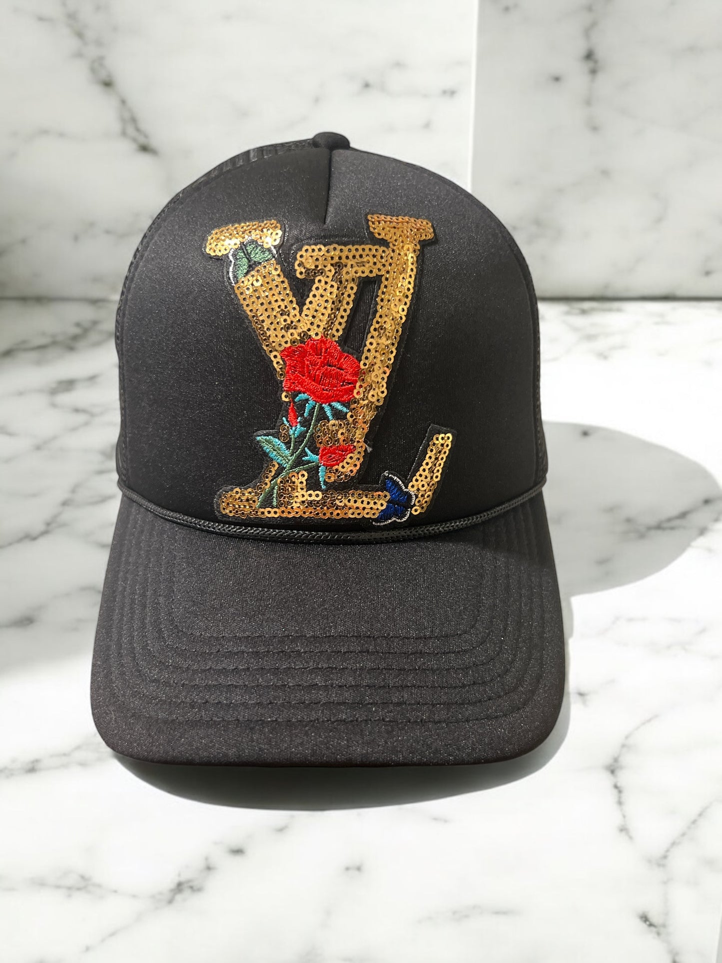 Glam Black Trucker Hat – designer inspired XVL Gold Sequins with Rose, Butterfly Embroidery
