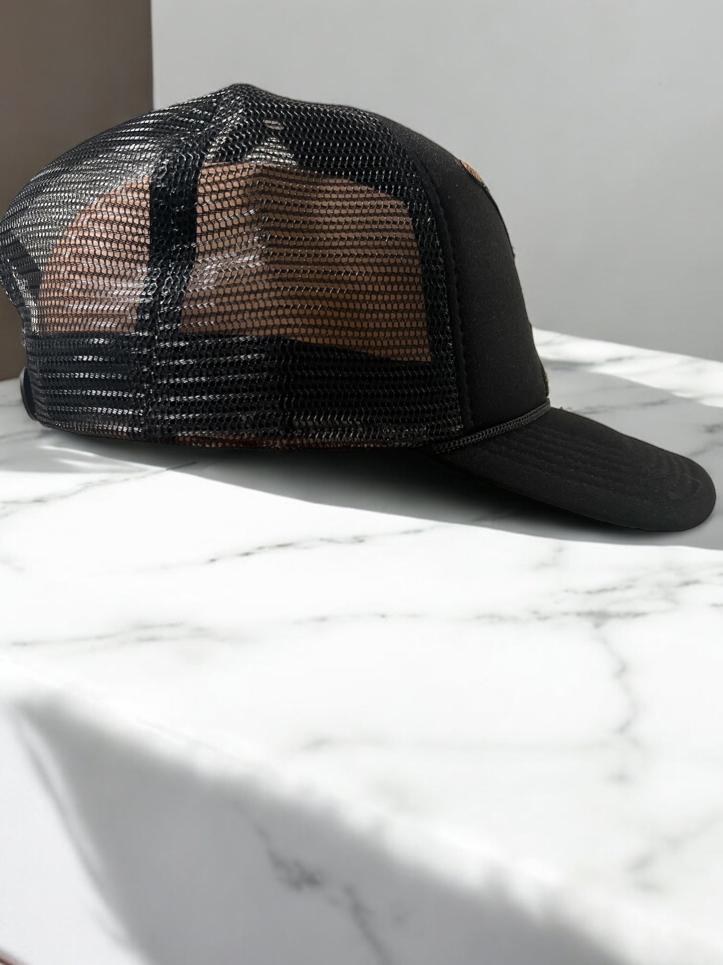 Glam Black Trucker Hat – designer inspired XVL Gold Sequins with Rose, Butterfly Embroidery