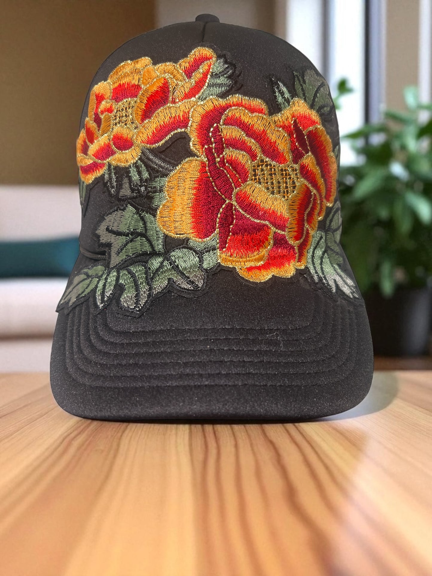Bold Floral Trucker Hat – Black Mesh Snapback with Melon & Burgundy Blooms