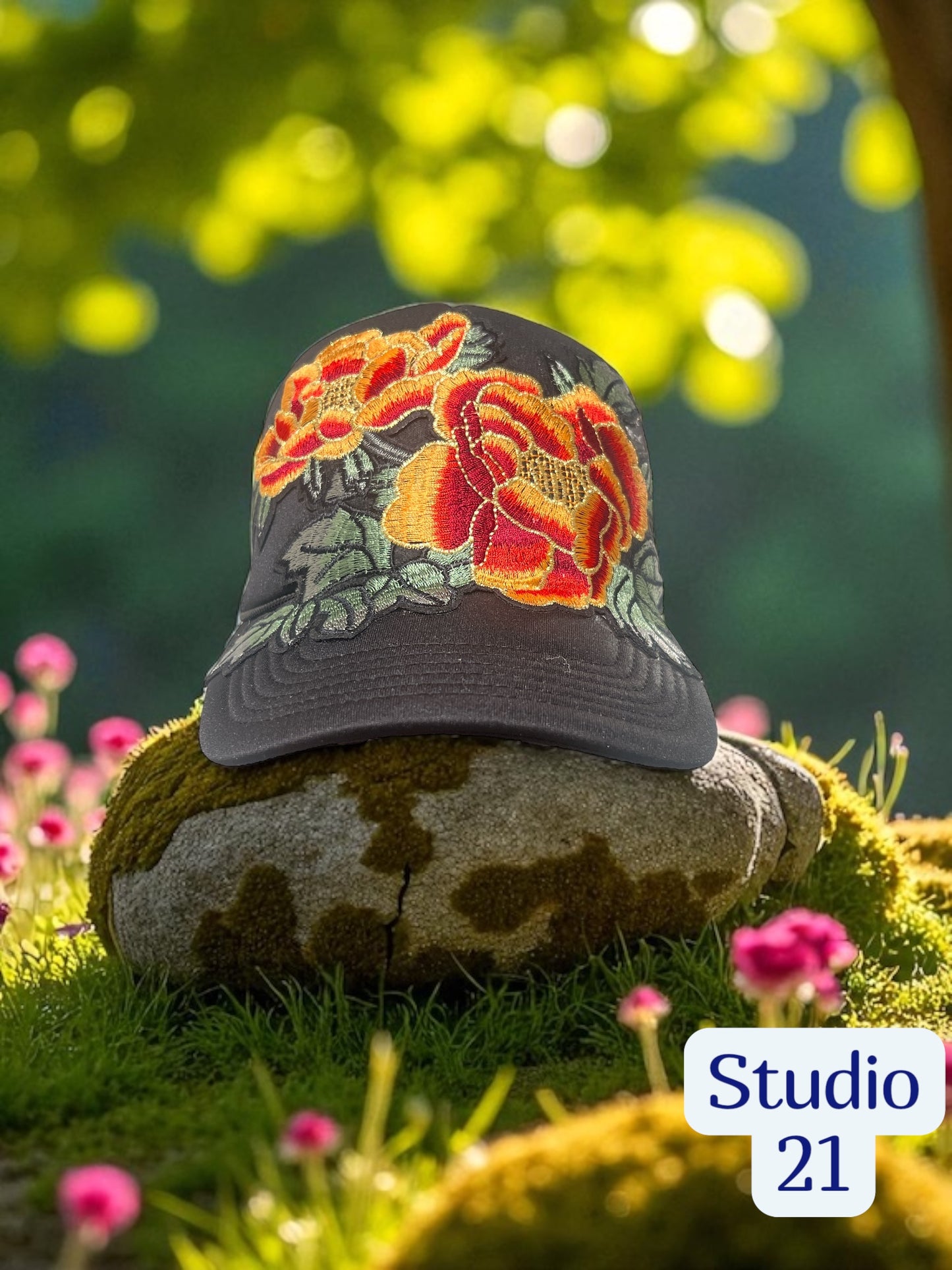 Bold Floral Trucker Hat – Black Mesh Snapback with Melon & Burgundy Blooms