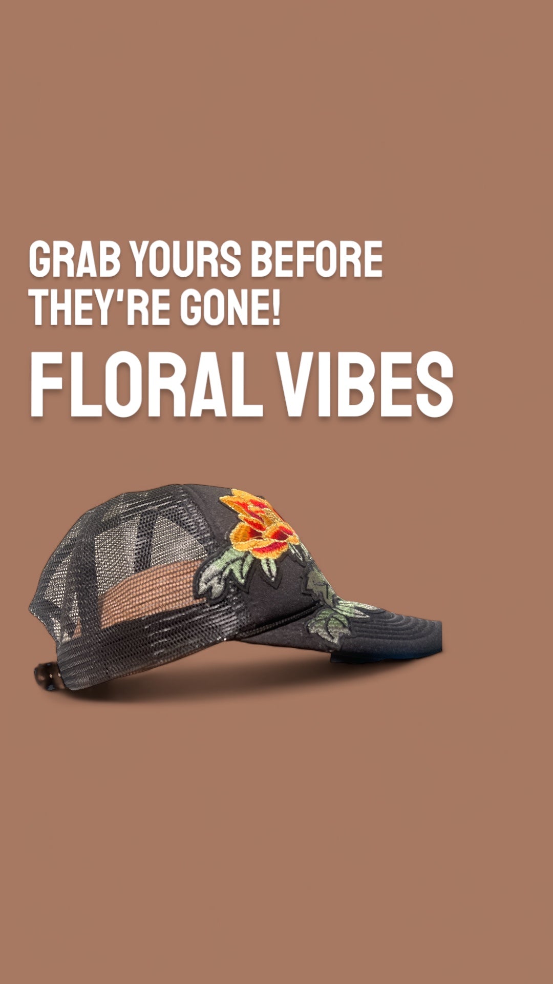 Bold Floral Trucker Hat – Black Mesh Snapback with Melon & Burgundy Blooms