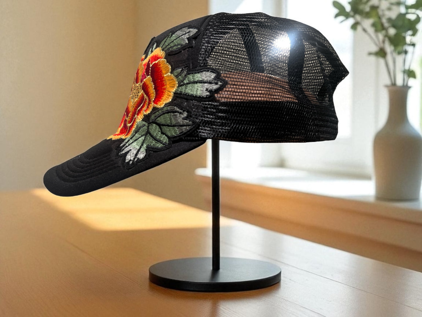 Bold Floral Trucker Hat – Black Mesh Snapback with Melon & Burgundy Blooms
