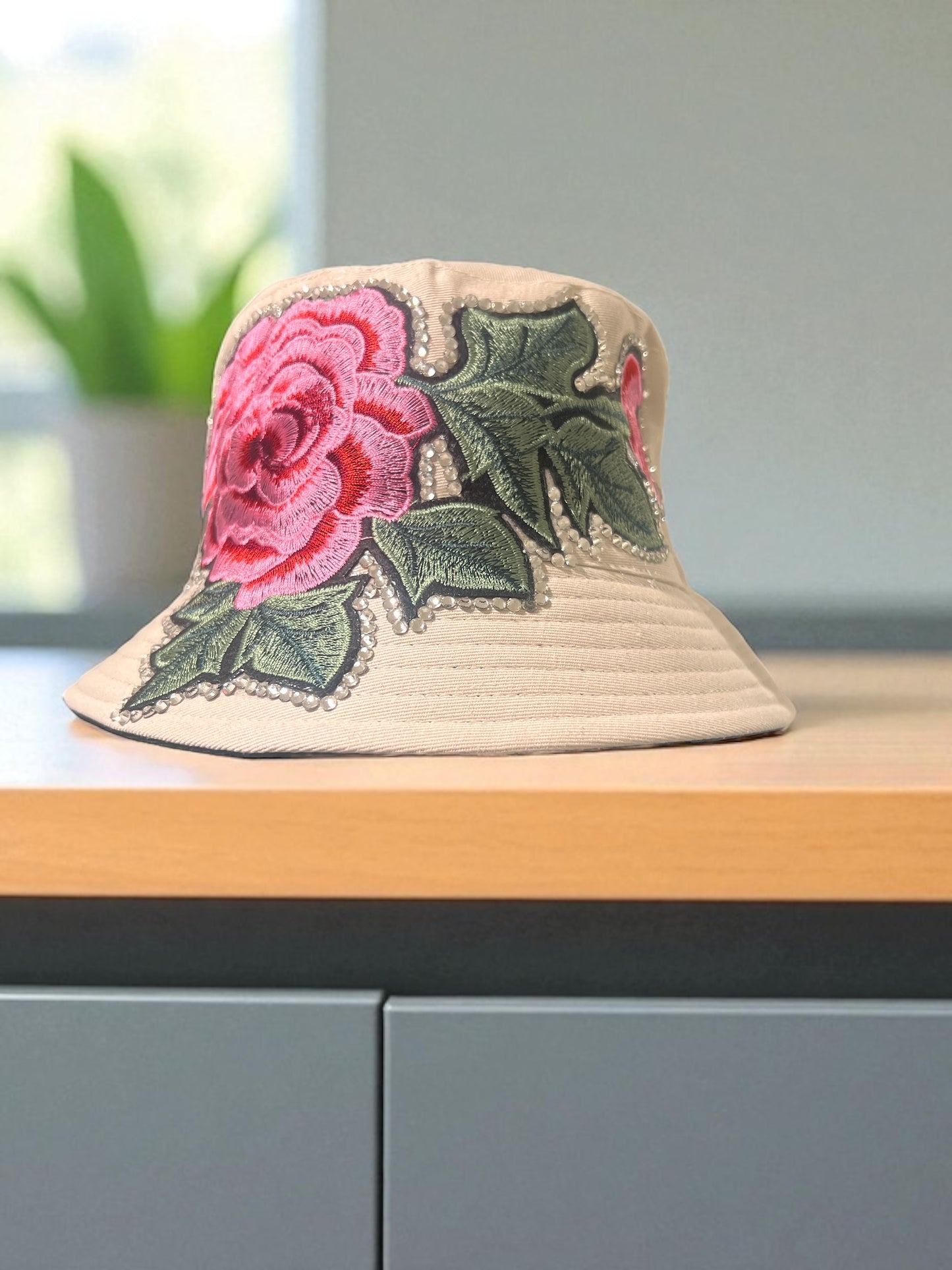Embroidered Floral Bucket Hat – Taupe with Pink Floral embroidered embellishment  & Rhinestone Outline