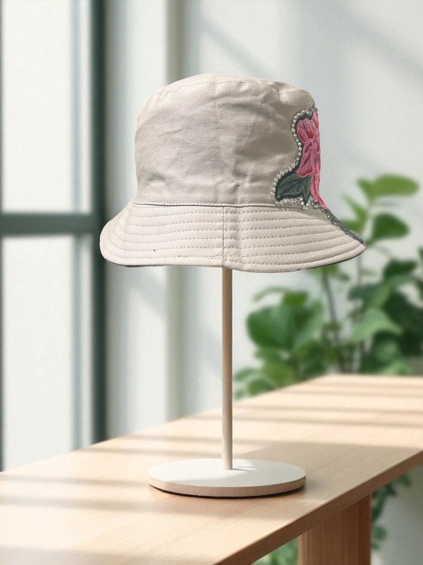 Embroidered Floral Bucket Hat – Taupe with Pink Floral embroidered embellishment  & Rhinestone Outline