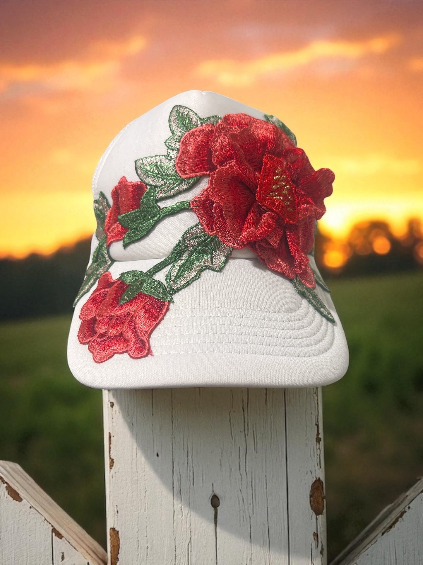 Trendy White Mesh Trucker Hat with Bold shades of Red  Floral Embroidery – Snapback Style