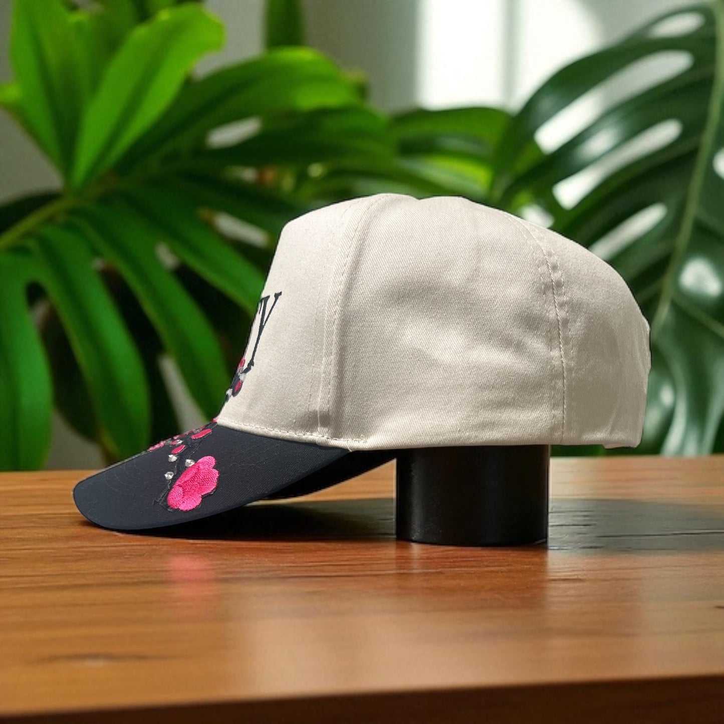 Salty Blossom Two-Tone Trucker Hat – Cream & Black Snapback with Pink Floral Embroidery & Rhinestones