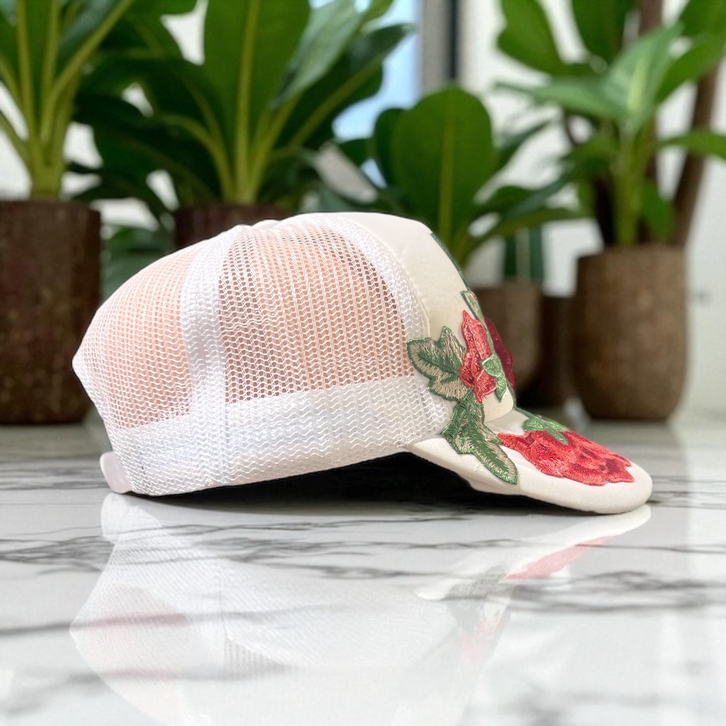 Trendy White Mesh Trucker Hat with Bold shades of Red  Floral Embroidery – Snapback Style