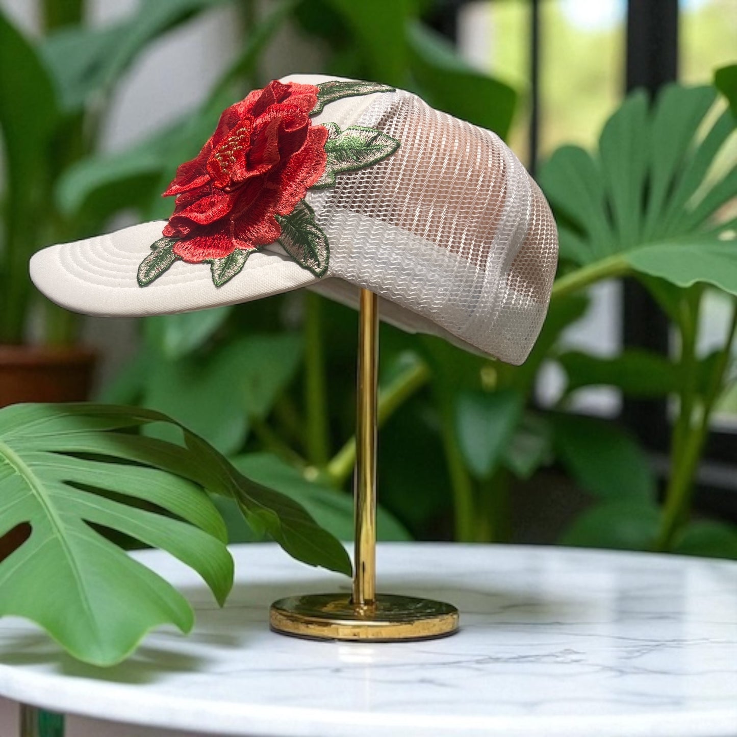 Trendy White Mesh Trucker Hat with Bold shades of Red  Floral Embroidery – Snapback Style