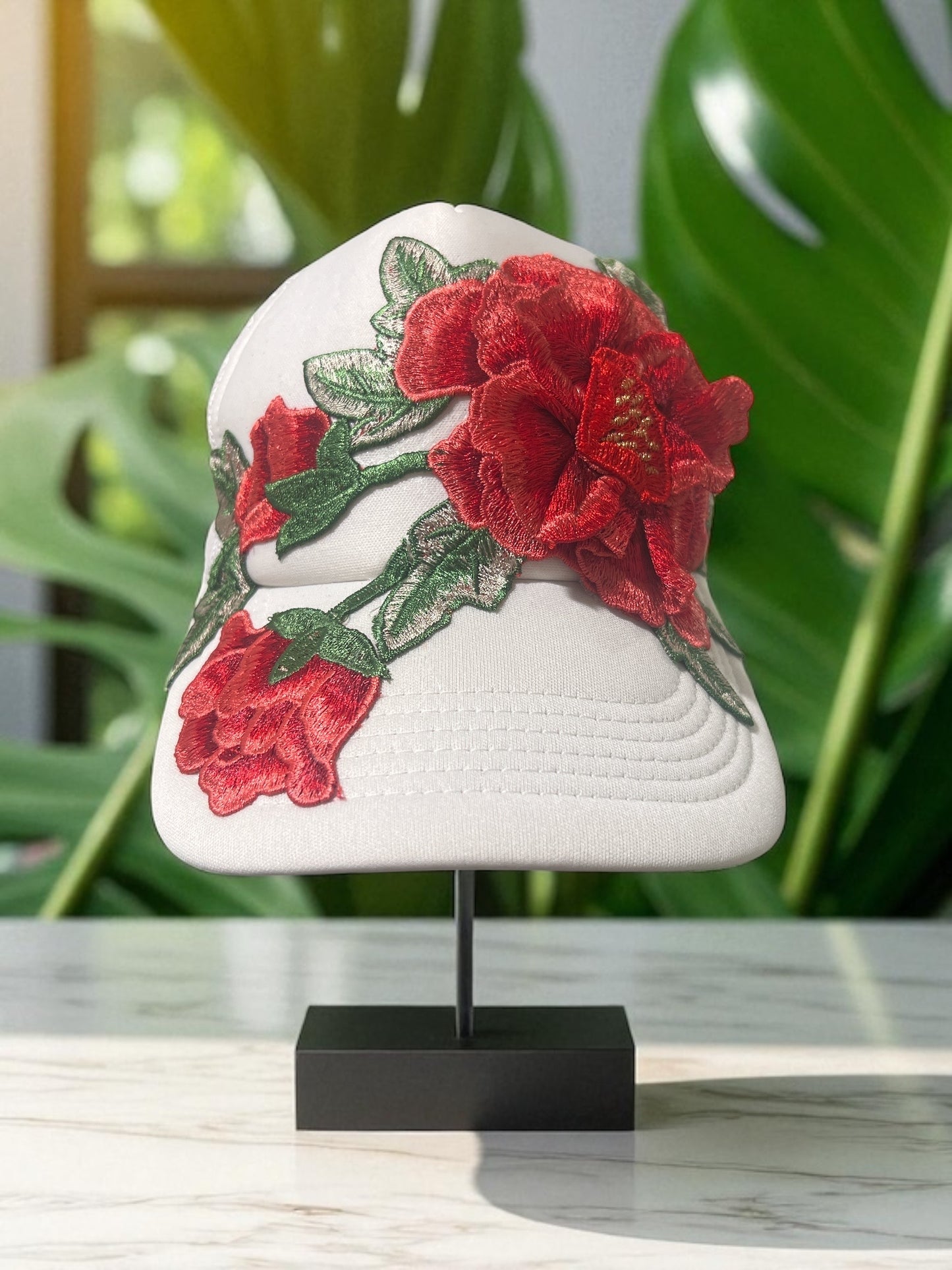 Trendy White Mesh Trucker Hat with Bold shades of Red  Floral Embroidery – Snapback Style