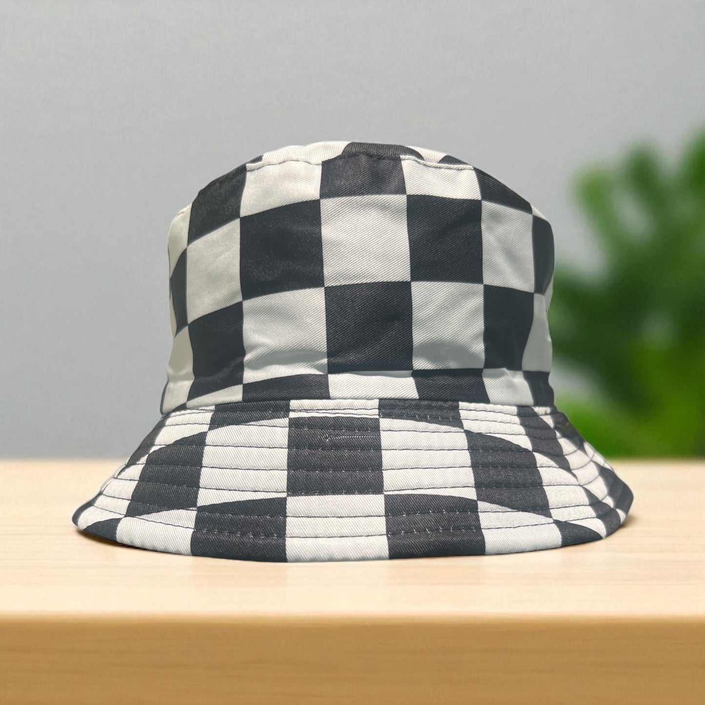 Checkered Bloom Bucket Hat – Black & White Checker Print with Red Floral Embroidery