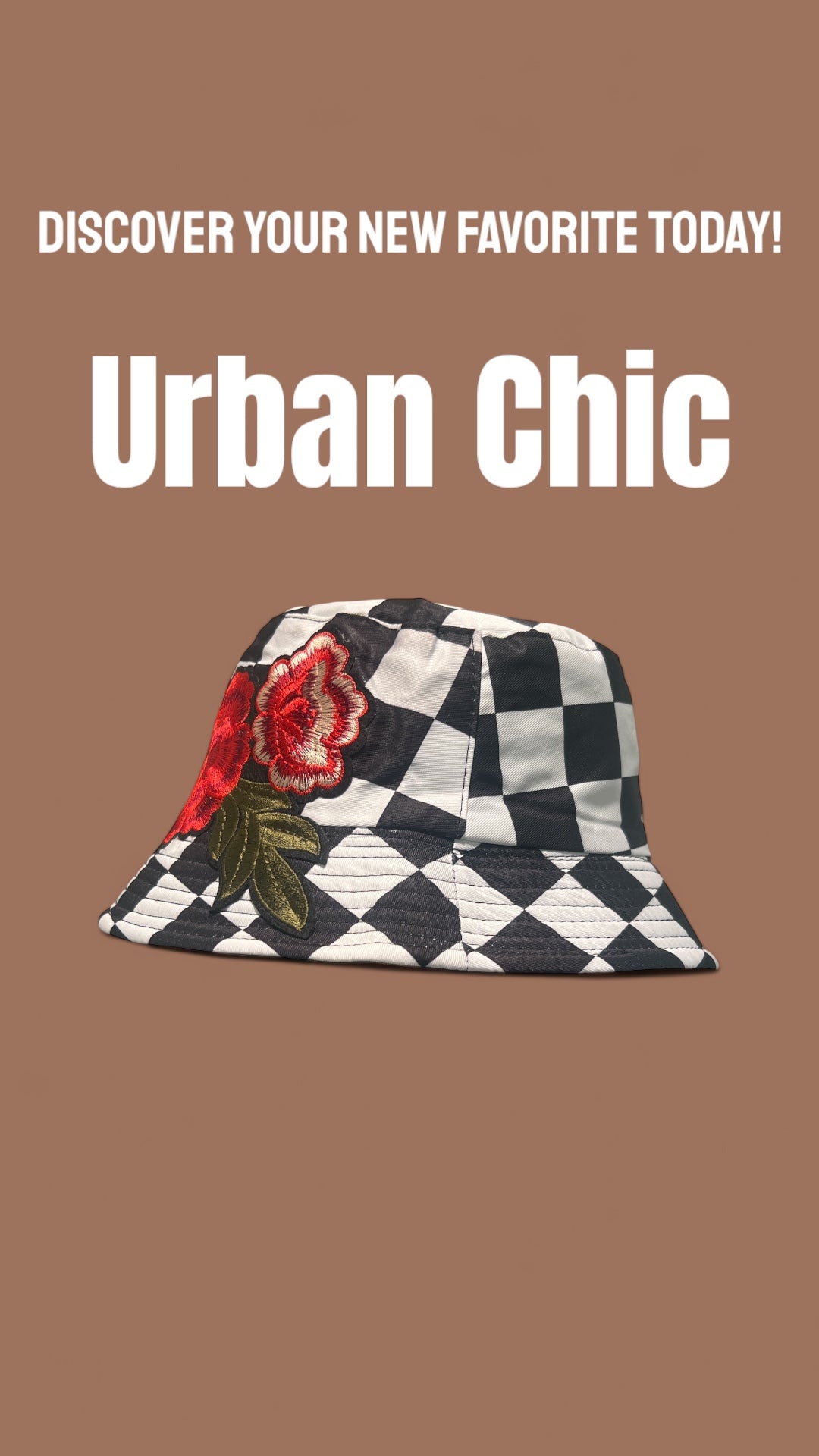 Checkered Bloom Bucket Hat – Black & White Checker Print with Red Floral Embroidery