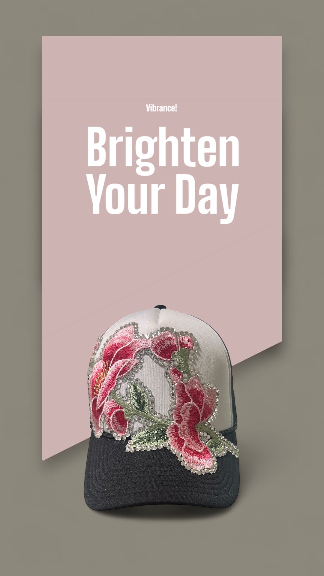 Bold Bloom Trucker Hat – Black & White Snapback with Rhinestone Floral Embroidery