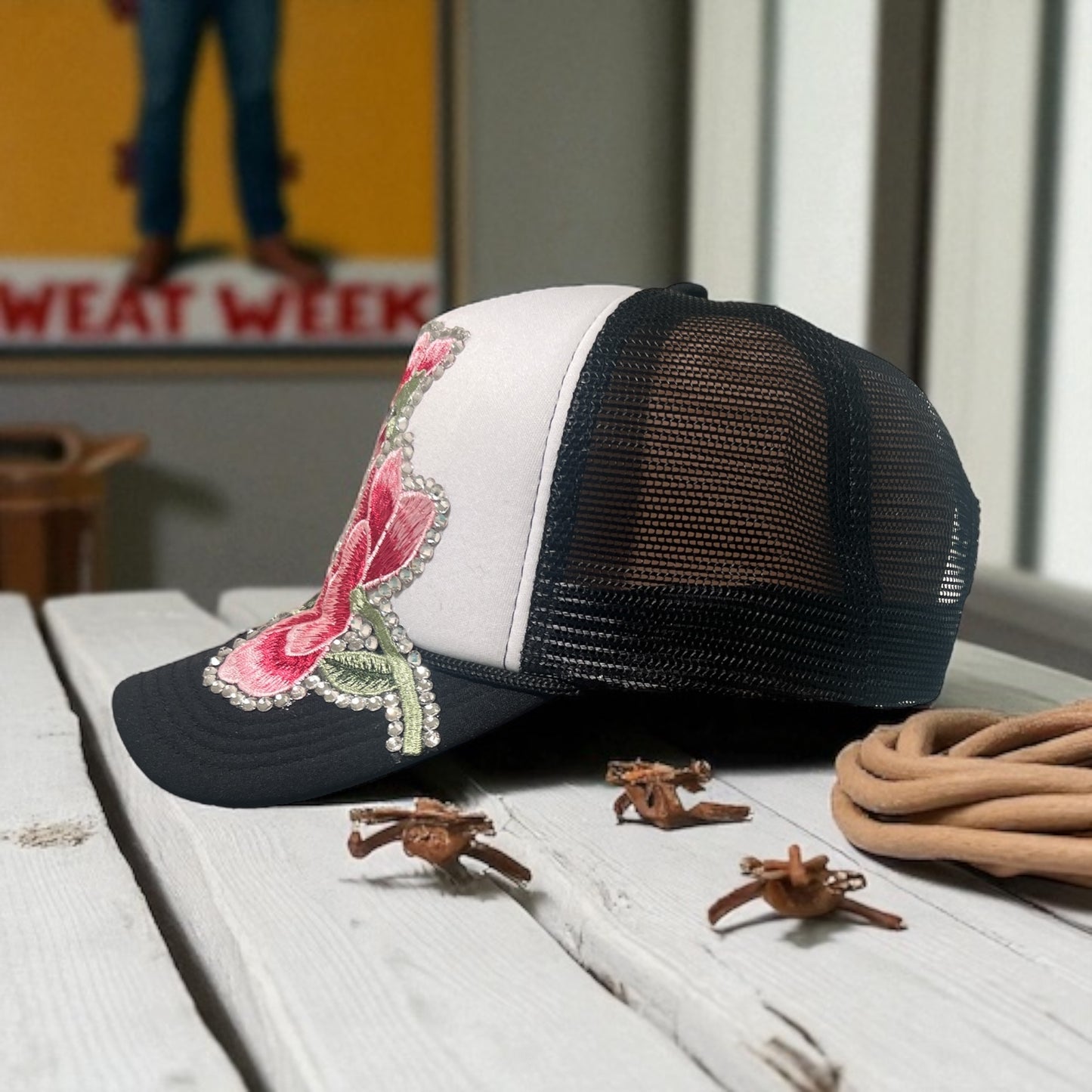 Bold Bloom Trucker Hat – Black & White Snapback with Rhinestone Floral Embroidery