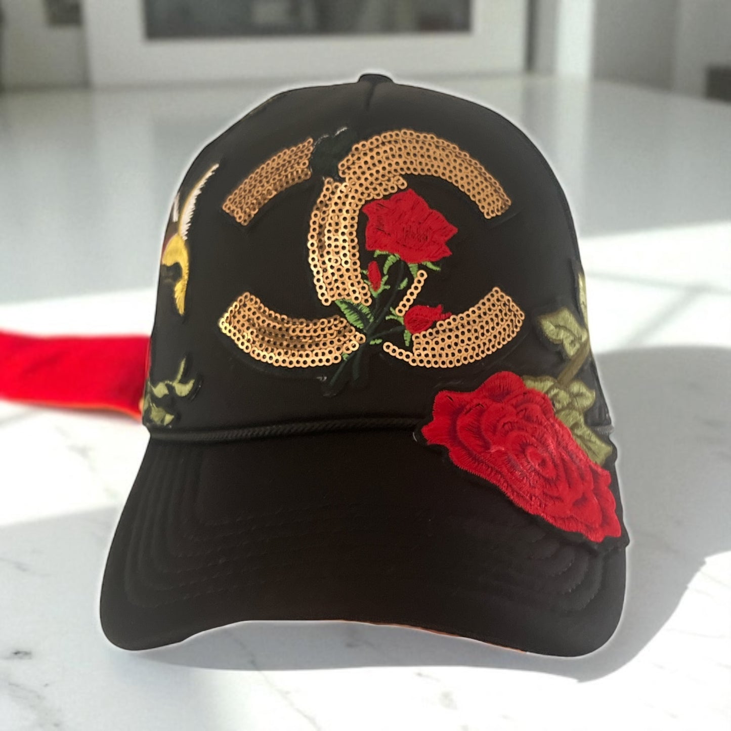 Luxury Bloom Trucker Hat – Black Snapback with Gold Sequin CC designer inspired  Red Rose Embroidery & Hummingbird