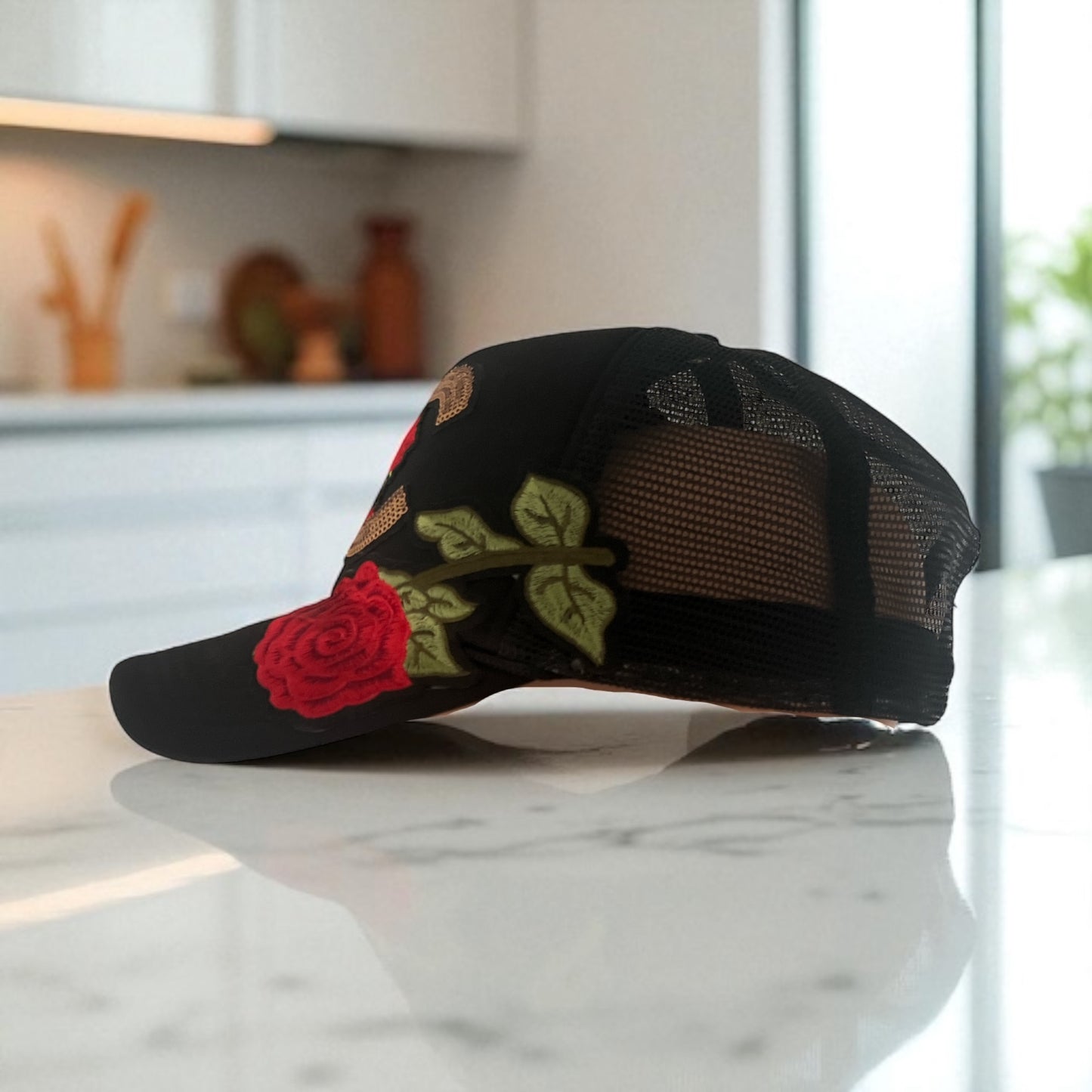 Luxury Bloom Trucker Hat – Black Snapback with Gold Sequin CC designer inspired  Red Rose Embroidery & Hummingbird