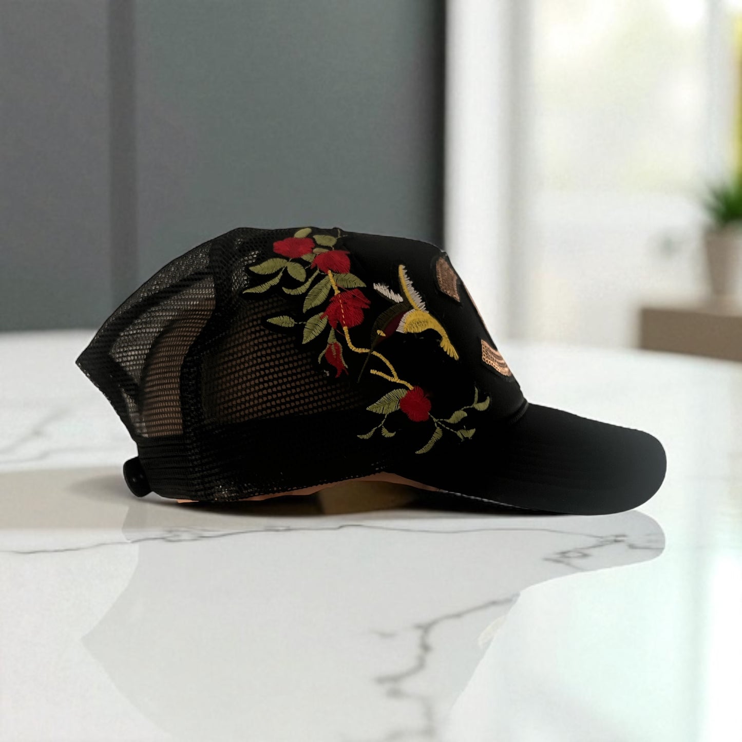 Luxury Bloom Trucker Hat – Black Snapback with Gold Sequin CC designer inspired  Red Rose Embroidery & Hummingbird