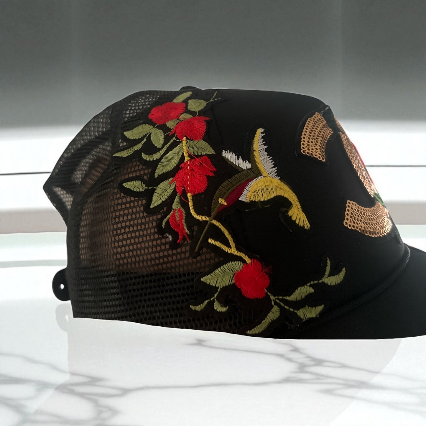 Luxury Bloom Trucker Hat – Black Snapback with Gold Sequin CC designer inspired  Red Rose Embroidery & Hummingbird