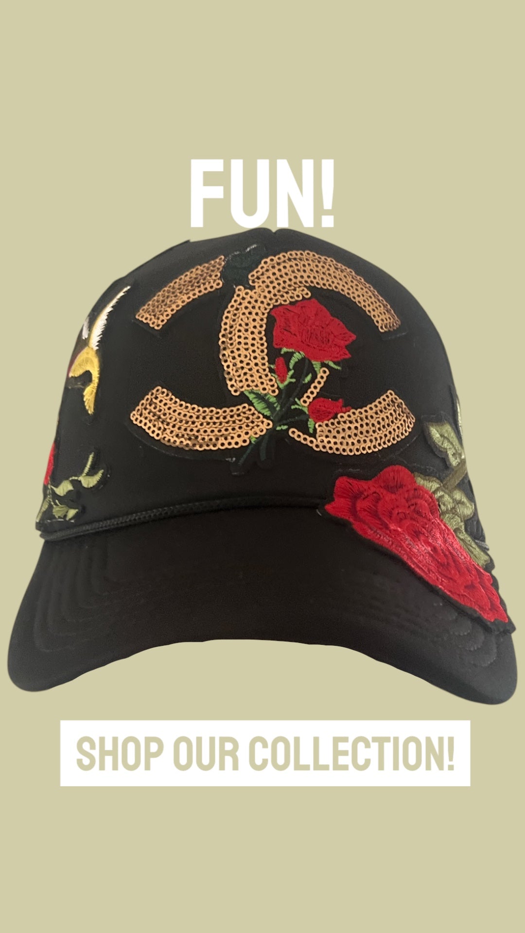 Luxury Bloom Trucker Hat – Black Snapback with Gold Sequin CC designer inspired  Red Rose Embroidery & Hummingbird