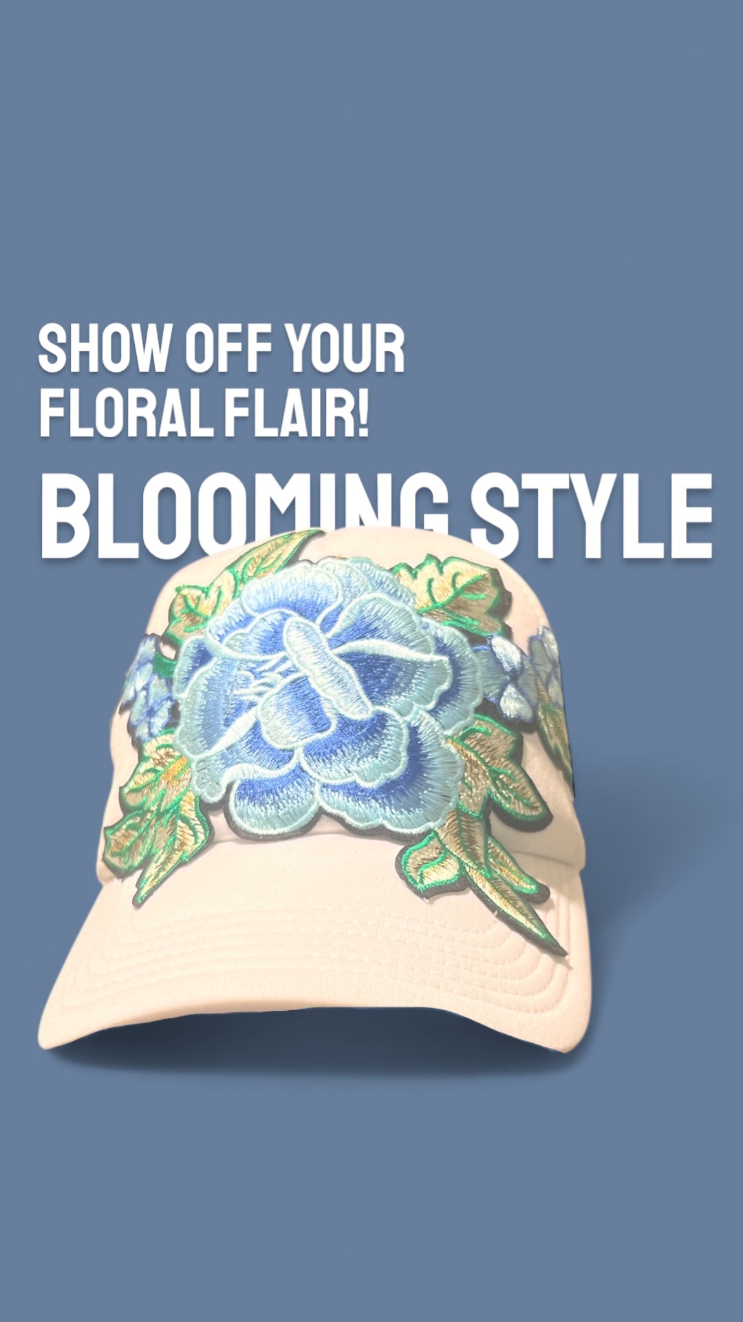 All-White Trucker Hat with Baby Blue Floral Embroidery – Mesh Snapback