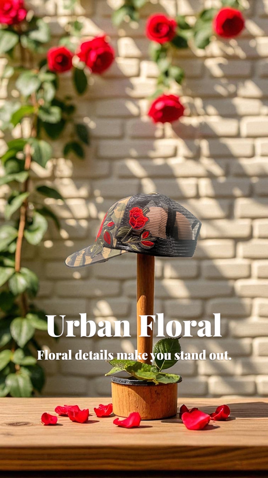 Camo Trucker Hat with Bold Red Floral Embroidery and Black Mesh Snapback